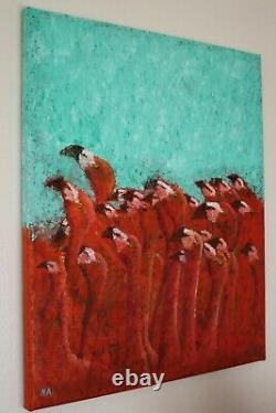 Original oil painting on canvas. Signed. Pink Flamingos