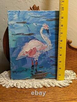 PINK FLAMINGO Beach Tropical Bird 8x10 Impressionism Oil Painting JOSE TRUJILLO
