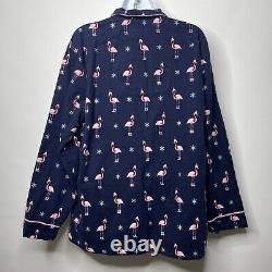 PJ Salvage Navy Blue Pink Christmas Santa Flamingo Flannel Pajama Set Size M