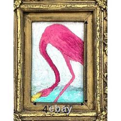 Painting Pink Flamingo Mixed Media on Board in Old Frame Art Decor Gift