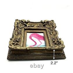 Painting Pink Flamingo Mixed Media on Board in Old Frame Art Decor Gift