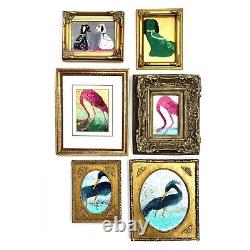 Painting Pink Flamingo Mixed Media on Board in Old Frame Art Decor Gift