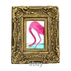 Painting Pink Flamingo Mixed Media on Board in Vintage Frame Art Decor Gift