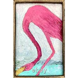 Painting Pink Flamingo Mixed Media on Board in Vintage Frame Art Decor Gift