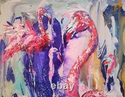 Pink Flamingo Abstract Love Art Original Oil Painting Author Artist SvinarOksana