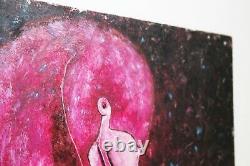 Pink Flamingo Bird Original Oil Painting, Loft Boho style dark color wall art