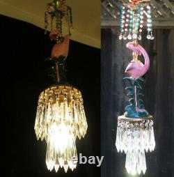 Pink Flamingo Bird Swag Lamp Chandelier Crystal brass porcelain Tropical bathroo