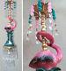 Pink Flamingo Bird Swag Lamp Chandelier Glass Crystal Brass Porcelain Whimsical