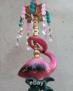 Pink Flamingo Bird Swag Lamp Chandelier Glass Crystal brass porcelain Whimsical