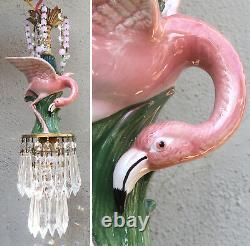 Pink Flamingo Bird Swag Lamp Chandelier Glass Crystal brass porcelain bead chain
