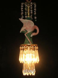 Pink Flamingo Bird Swag Lamp Chandelier Glass Crystal brass porcelain bead chain