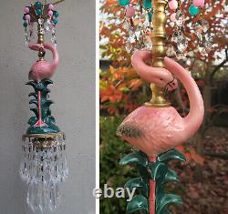 Pink Flamingo Bird Swag Lamp Chandelier Glass Crystal brass porcelain bead opali