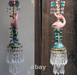 Pink Flamingo Bird Swag Lamp Chandelier Glass Crystal brass porcelain bead opali