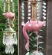 Pink Flamingo Bird Swag Lamp Chandelier Glass Crystal Brass Porcelain Beads Hp