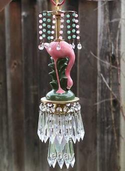 Pink Flamingo Bird Swag Lamp Chandelier Glass Crystal brass porcelain beads HP