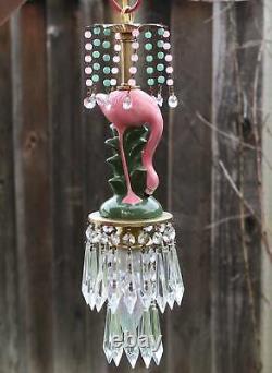 Pink Flamingo Bird Swag Lamp Chandelier Glass Crystal brass porcelain beads HP