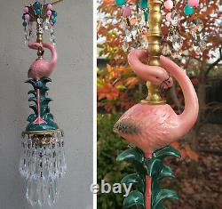 Pink Flamingo Bird Swag Lamp Chandelier Glass Crystal brass porcelain beads opal