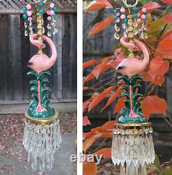 Pink Flamingo Bird Swag Lamp Chandelier Glass Crystal brass porcelain beads opal