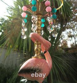 Pink Flamingo Bird Swag Lamp Chandelier Glass Crystal brass porcelain beaded dsg 