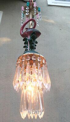 Pink Flamingo Bird Swag Lamp Chandelier Glass Crystal porcelain beads Bamboo dsg