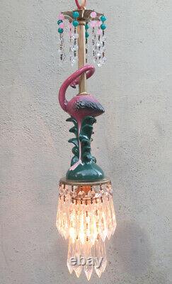 Pink Flamingo Bird Swag Lamp Chandelier Glass Crystal porcelain beads Bamboo dsg