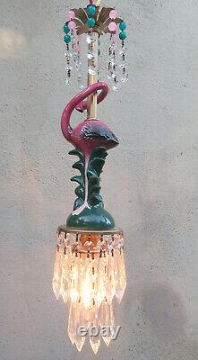 Pink Flamingo Bird ceiling Lamp Chandelier Glass Crystal porcelain beads Bamboo