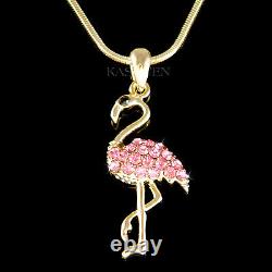 Pink Flamingo Bird made with Swarovski Crystal charm Jewelry Gold Tone Necklace