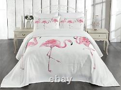 Pink Flamingo Coverlet Set King Size, Exotic Birds Watercolors Nature of Brazil