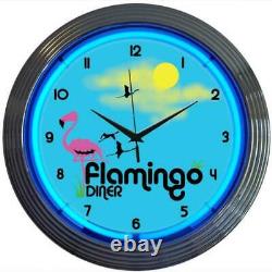 Pink Flamingo Diner Logo Blue Neon Wall Clock 15 Diameter 8FLAMX Neonetics