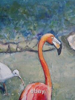 Pink Flamingo Painting Bird Tropical Wildlife Florida Animals Original Fine Art