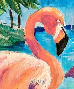 Pink Flamingo Painting Original Framed Wall Art Tropical Birds Painting 10x8