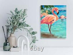 Pink Flamingo Painting Original Framed Wall Art Tropical Birds Painting 10x8