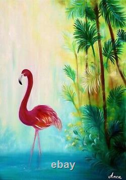 Pink Flamingo oi painting, landscape painting, animal, bird, Tropical Art