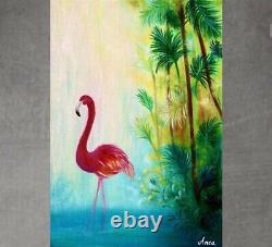 Pink Flamingo oi painting, landscape painting, animal, bird, Tropical Art