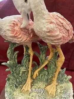 Pink & White Flamingo Bird Couple Figurine On Wood Base 11 Tall 7 Wide