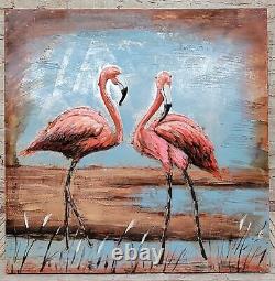 Pink flamingo painting on canvas, Tropical bird art, Florida Art Coastal 3-D Art