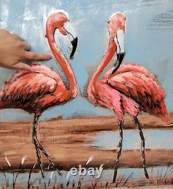 Pink flamingo painting on canvas, Tropical bird art, Florida Art Coastal 3-D Art