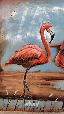 Pink flamingo painting on canvas, Tropical bird art, Florida Art Coastal 3-D Art