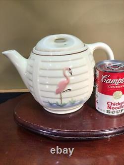 Porcelier Most Rare Teapot 1940S Textured Pink Flamingo Wading Bird