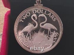 Rare 1978 Bahamas Flamingos Love birds coin Pendant & ItalIan Silver Rope Chain