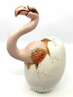 Rare Hector Gonzalez Signed Mexico Art Pottery Pink Flamingo Bird Egg Sculpture