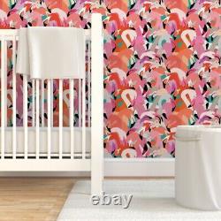 Removable Water-Activated Wallpaper Flamingo Pink Orange Modern Bird Feathers