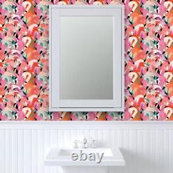 Removable Water-Activated Wallpaper Flamingo Pink Orange Modern Bird Feathers