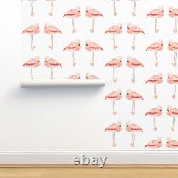 Removable Water-Activated Wallpaper Flamingo Tropical Bird Watercolor Pink Coral