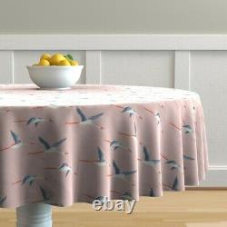 Round Tablecloth Bird Coastal Flying Flamingo Pink Blue Cotton Sateen