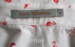 SILVIA TCHERASSI Sz M Lido Flamingo Print Tie Front Cotton Button Up Shirt