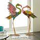 Set Of 2 Multicolored Metal Flamingo Sculptures Whimsical Garden Statue Figurine