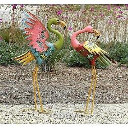 Set of 2 Multicolored Metal Flamingo Sculptures Whimsical Garden Statue Figurine