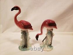 Set of 2 Vintage Flamingo Figurines, No Markings, 10 & Under, Pink, Green, Black