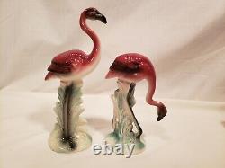 Set of 2 Vintage Flamingo Figurines, No Markings, 10 & Under, Pink, Green, Black